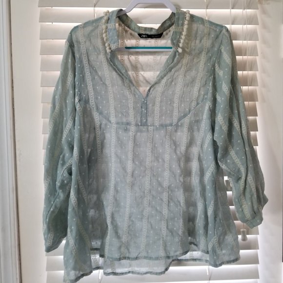 Zara Tops - Zara medium sage and ivory BoHo blouse